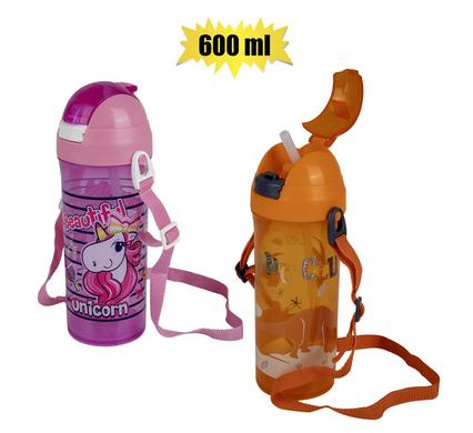 Water bottle 600ml unicorn/dino w/straw