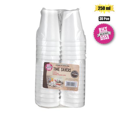 Picnic cups foam 250ml 30pce disposable